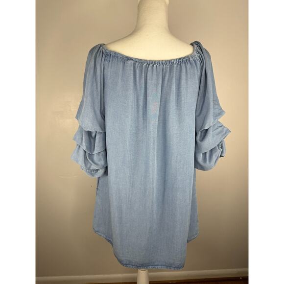 Zara Chambray Off Shoulder Ruffle Sleeve Mini Dress Size Small - Picture 3 of 8